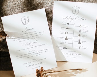 Wedding Welcome Card and Itinerary Card Template, Elegant Crest & Monogram, Editable, Wedding Timeline Card, 5x7, Templett INSTANT Download