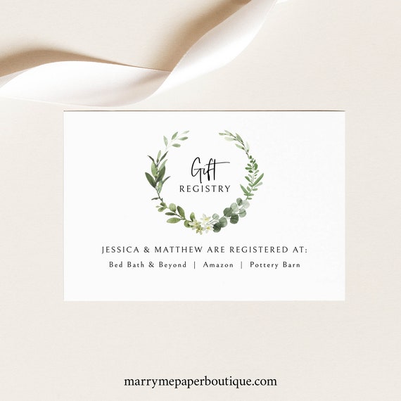 Registry Card Template, Elegant Greenery, Wedding Gift Registry Card, Printable, Templett INSTANT Download, Editable