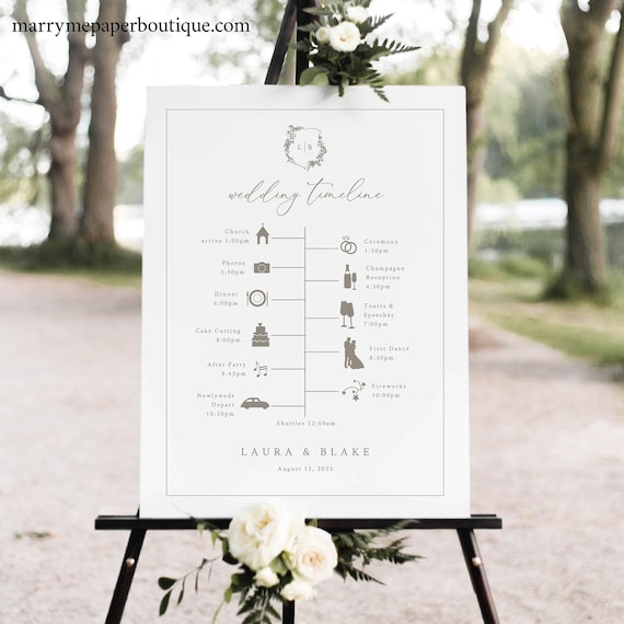 Wedding Timeline Sign Template, Botanical Wedding Crest, Itinerary Sign, Printable, Editable Order of Events Sign, Templett INSTANT Download