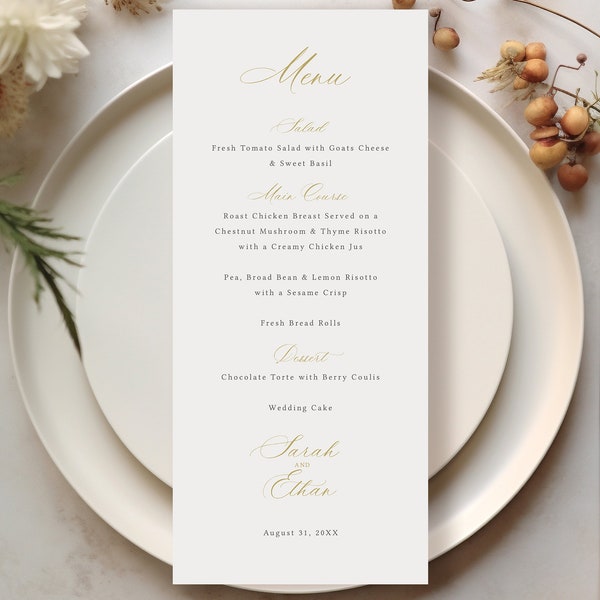 Wedding Menu Template, Calligraphy Design in Gold, Wedding Table Menu Card, Editable Menu Card, Printable, 4x9, Templett INSTANT Download