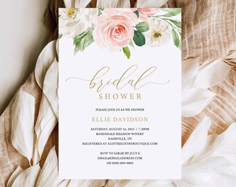 Bridal Shower Invitation Template, Try Before Purchase, Instant Download,  Editable Invite, Blush and Gold Floral Invitation Printable