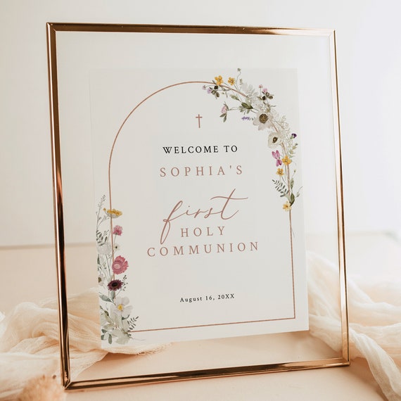 First Communion Welcome Sign Template, Rustic Wildflower Arch, First Holy Communion Ceremony Sign, 8x10, Editable, Templett INSTANT Download