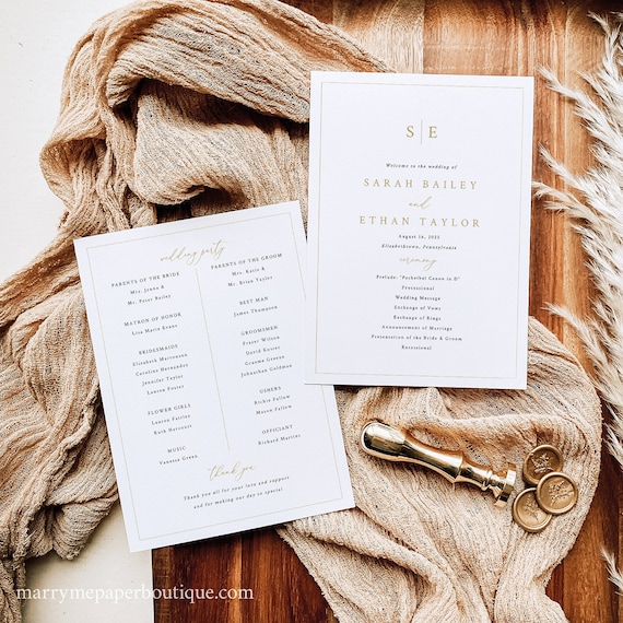 Wedding Ceremony Program Template, Minimalist Wedding Monogram, Gold, Wedding Program, Printable, Editable, 5x7, Templett INSTANT Download