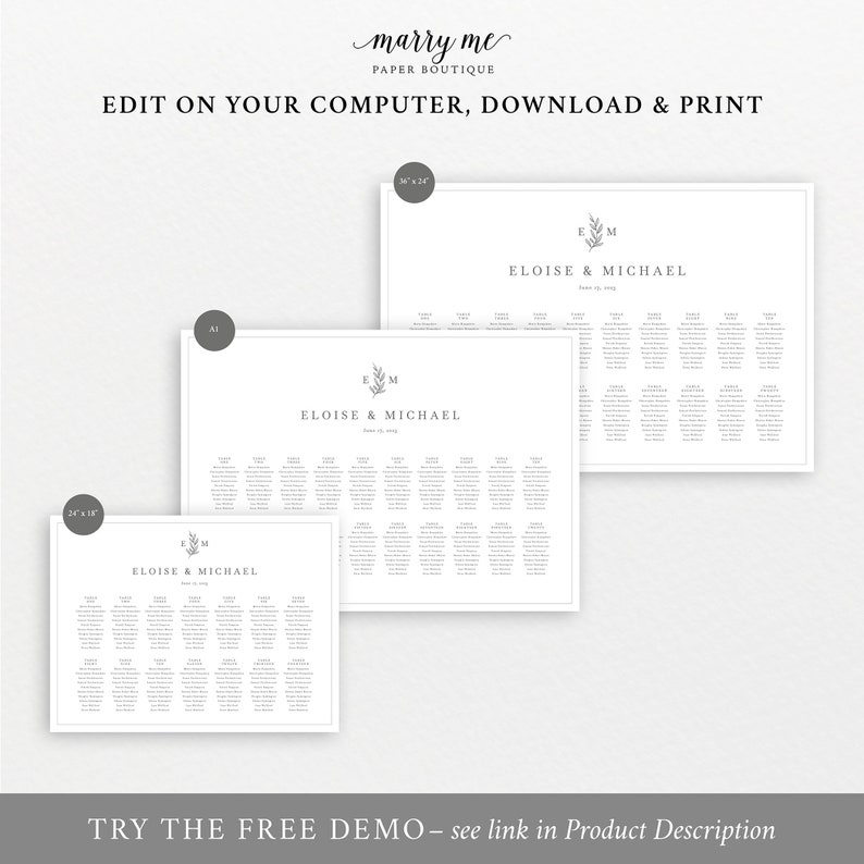 Wedding Seating Chart Template, Leaf Monogram Border, Wedding Seating Plan, Printable, Editable, Wedding Monogram, Templett INSTANT Download image 3