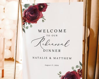 Rehearsal Dinner Welcome Sign Template, Elegant Burgundy Floral, Printable Wedding Rehearsal Sign, Templett INSTANT Download