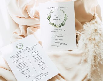 Wedding Program Template, Elegant Greenery, Editable, Greenery Wedding Ceremony Program, Printable, 5x7, Templett INSTANT Download