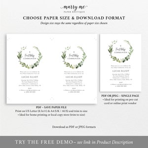 First Communion Invitation Template, Elegant Greenery, First Holy Communion Invite Card, Editable, Templett INSTANT Download, Printable image 5