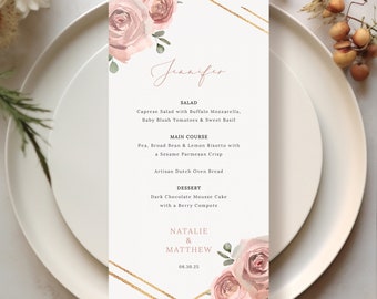 Personalizable Guest Menu Template, Dusky Pink Floral, Editable Wedding Menu Cards, Printable Guest Menu Cards, Templett INSTANT Download