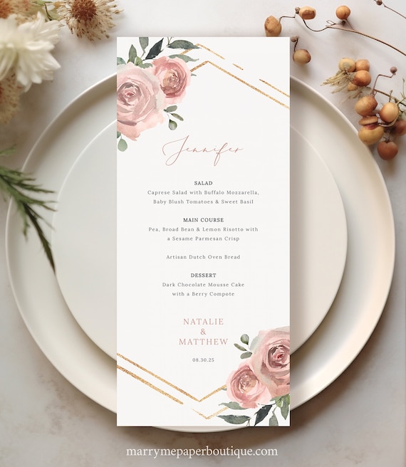 Personalizable Guest Menu Template, Dusky Pink Floral, Editable Wedding Menu Cards, Printable Guest Menu Cards, Templett INSTANT Download