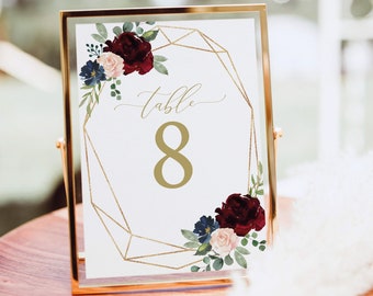 Table Number Sign Template, Burgundy Geometric, Demo Available, Printable Editable Instant Download