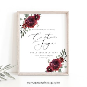 Wedding Sign Bundle Template, Elegant Burgundy Floral, Printable Wedding Table Signs, Templett INSTANT Download, Editable