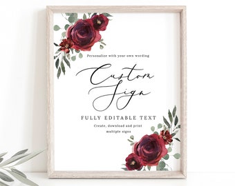 Wedding Sign Bundle Template, Elegant Burgundy Floral, Printable Wedding Table Signs, Templett INSTANT Download, Editable