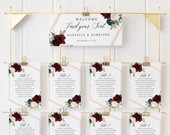 Wedding Seating Chart Cards Template, Burgundy Navy, Templett, Editable Printable Instant Download, Try Before Purchase