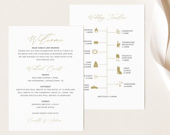 Wedding Itinerary Card Template, Stylish Script Gold, Editable Printable Instant Download, Demo Available, Templett