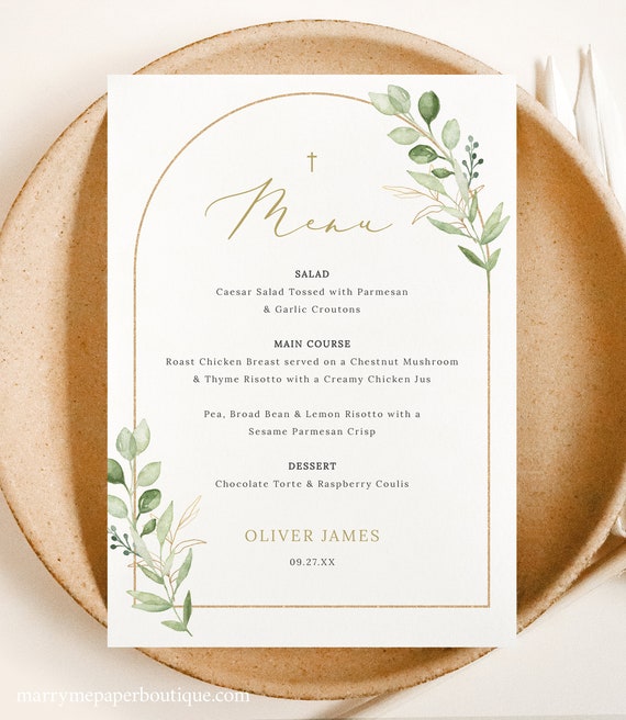 Baptism Menu Template, Greenery Arch, 5x7, Elegant, Greenery Leaves Baptism Table Menu Card, Editable, Printable, Templett INSTANT Download