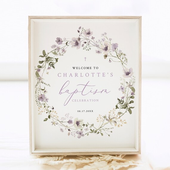 Baptism Welcome Sign Template, 8x10, Rustic Lavender Flowers, Small Baptism Welcome Sign, Editable, Templett INSTANT Download