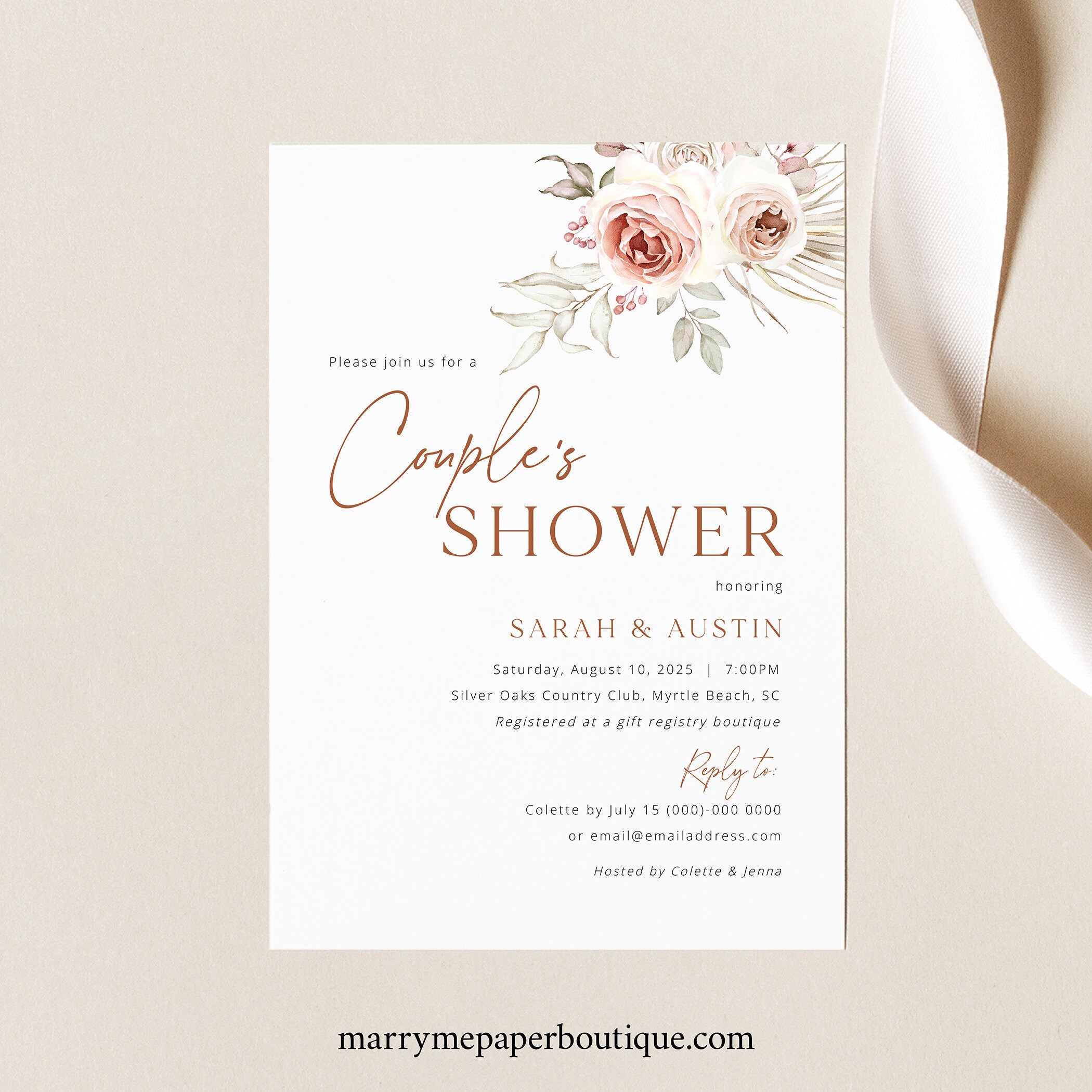 Couples Shower Invitation Template, Elegant Floral Boho, Editable
