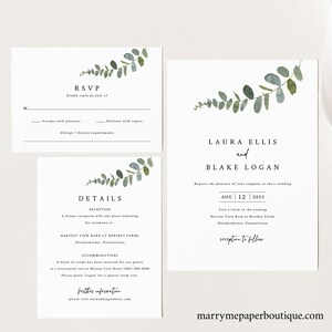 Eucalyptus Wedding Invitation Template Set, Try Before Purchase, Greenery Wedding Invites Printable, Templett Instant Download image 2
