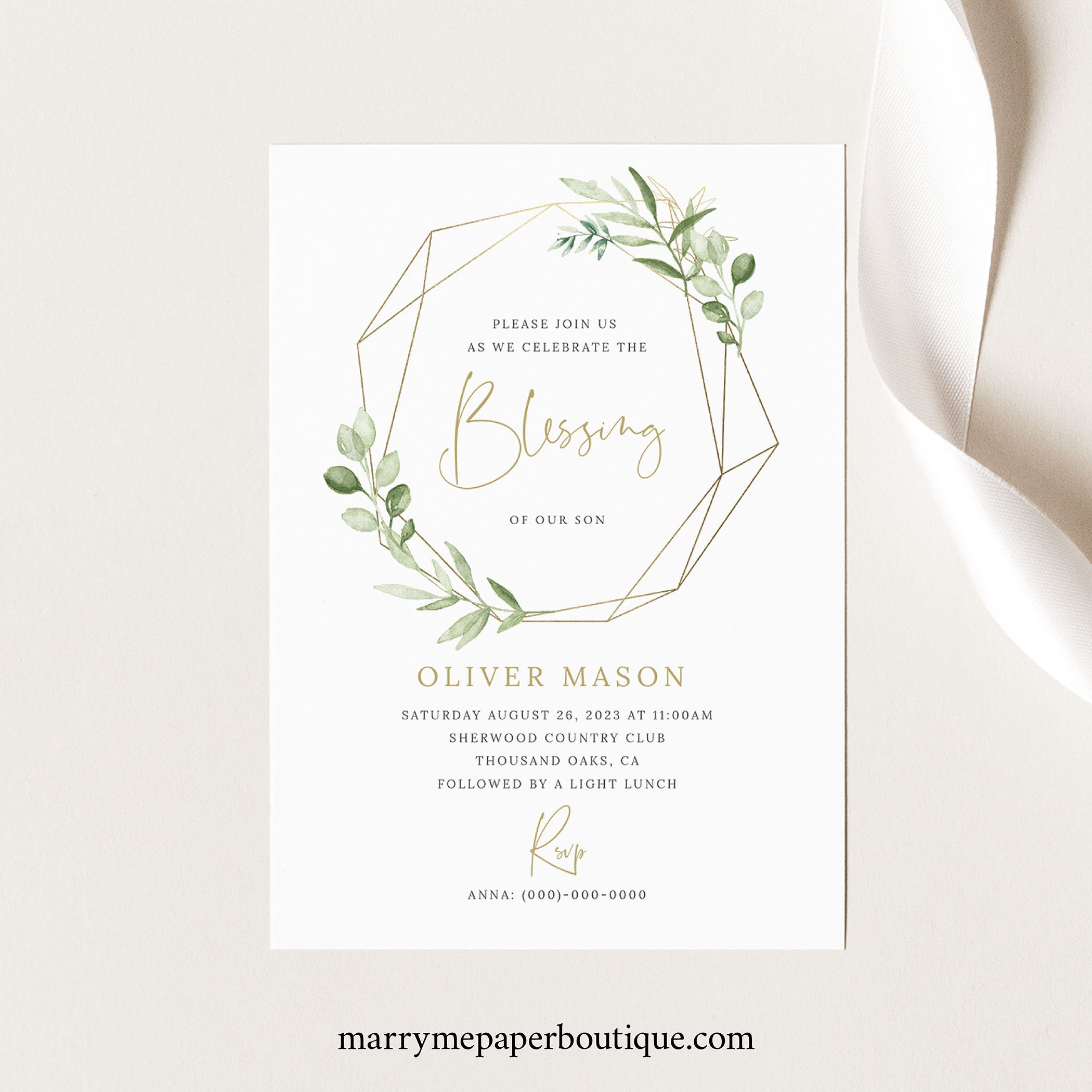 Blessing Ceremony Invitation Card Template, Greenery Gold, Baby