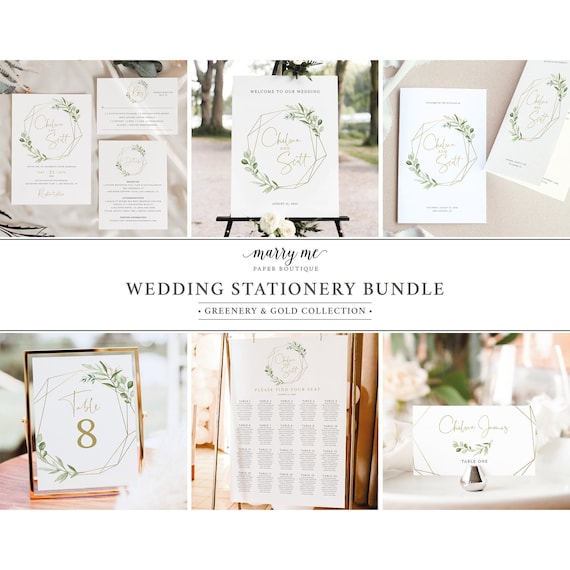 Wedding Invitation Template Bundle, Elegant Greenery, Template Kit, Demo Available, Wedding Bundle Templates, Templett Instant Download