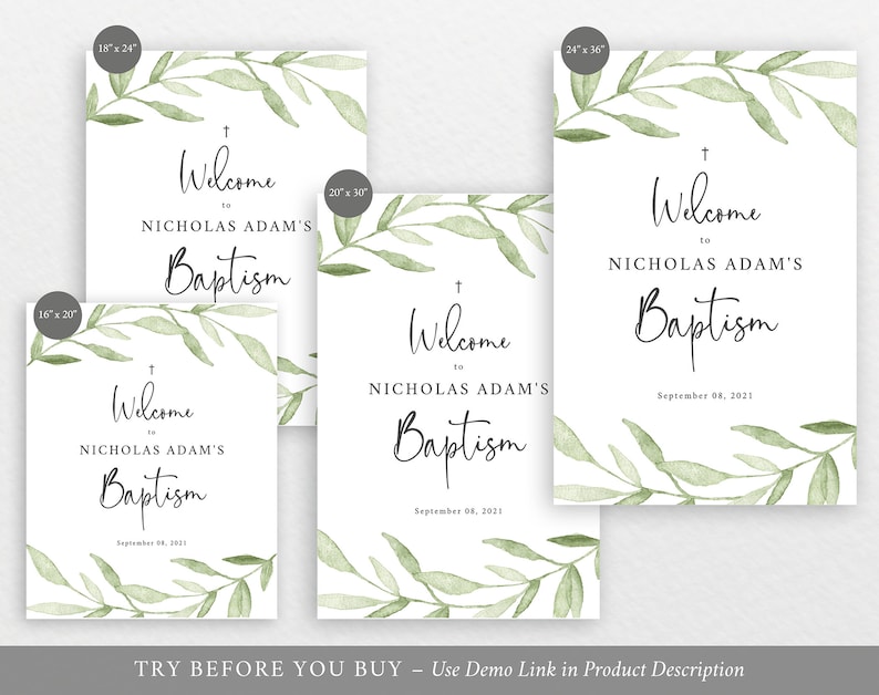 Editable Instant Download Baptism Welcome Sign Template Greenery Leaves TRY BEFORE You BUY