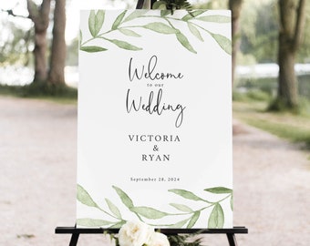 Wedding Welcome Sign Template, Self-Edit Instant Download, Try Before Purchase, Greenery Leaves