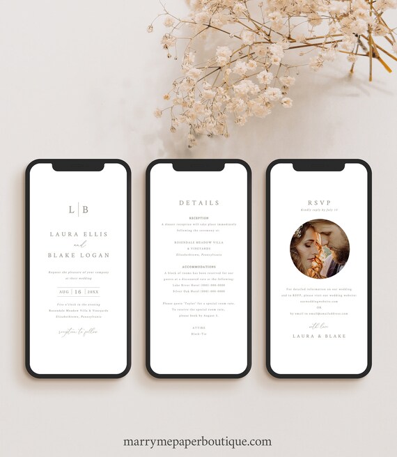 Wedding Invitation Text Template, Monogram & Border, RSVP, Details, Digital Wedding Invite, Editable, Templett INSTANT Download