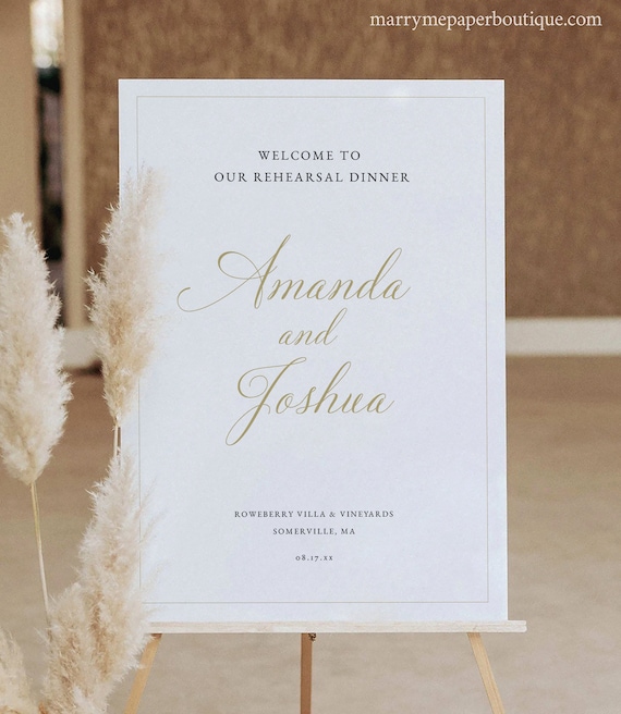 Rehearsal Dinner Welcome Sign Template, Calligraphy Design in Gold, Wedding Rehearsal Welcome Sign, Editable, Templett INSTANT Download