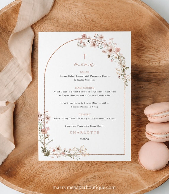 Baptism Menu Template, Rustic Pink Flowers Arch, Editable, Wedding Table Menu, Rustic Pink Baptism Menu Card, Templett INSTANT Download