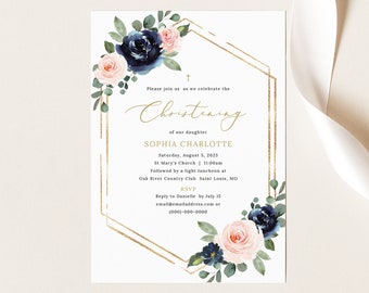 Christening Invitation Template, Navy & Blush Floral, Christening Invite Printable, Editable, Templett INSTANT Download