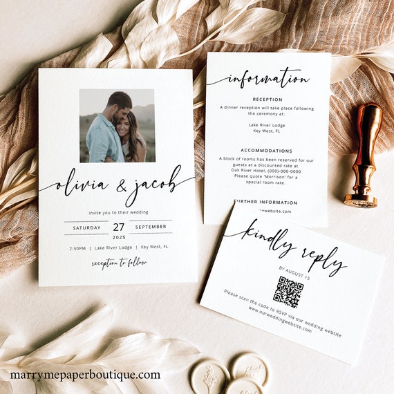 Modern Wedding Invitation Set Templates, Photo Wedding Invitation Printable, Details & RSVP, Templett Instant Download, Try Before Purchase