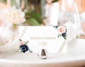 Wedding Place Card Template, Navy & Blush Floral, Flat Place Cards, Tent Place Cards, Printable, Editable, Templett INSTANT Download