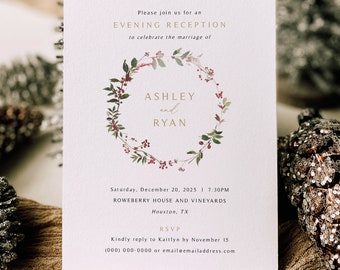 Reception Invitation Template, Winter Wreath, Editable, Christmas  Reception Invite, Printable, 5x7, Red Berries, Templett INSTANT Download