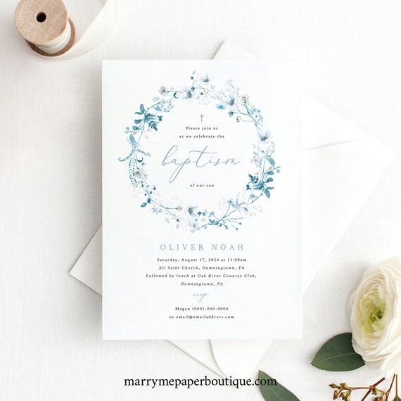 Baptism Invitation Template, Delicate Blue & White Floral, Editable Invite, Baptism Invitation Card Printable, Templett INSTANT Download