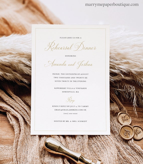 Rehearsal Dinner Invitation Template, Traditional Wedding Calligraphy in Gold, Rehearsal Invitation, Editable, Templett INSTANT Download