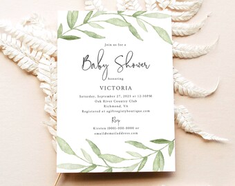 Baby Shower Invitation Template, Try Before Purchase, Greenery Leaves, Editable Instant Download