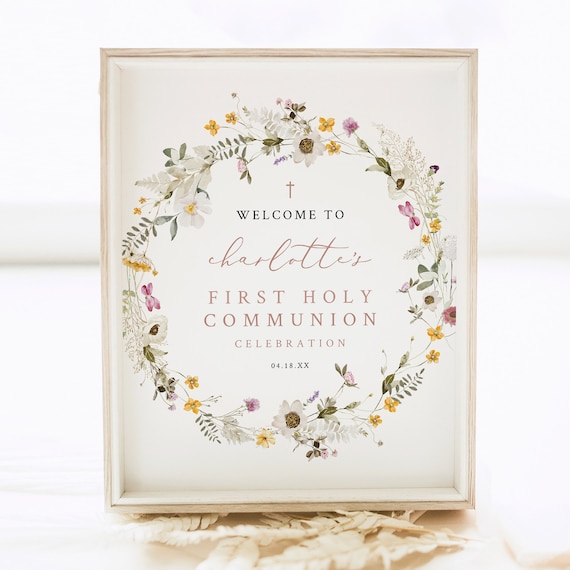 First Communion Welcome Sign Template, Wildflower Wreath, First Holy Communion Ceremony Sign, 8x10, Editable, Templett INSTANT Download