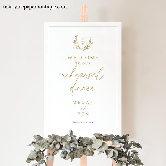 Rehearsal Dinner Welcome Sign Template, Gold Wreath Monogram, Editable, Gold Rehearsal Welcome Sign, Printable, Templett INSTANT Download