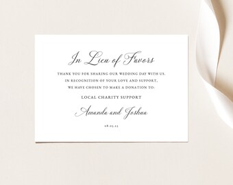 In Lieu of Favors Card Template, Traditional Wedding Calligraphy, Editable Charity Donation Card, Printable, Templett INSTANT Download