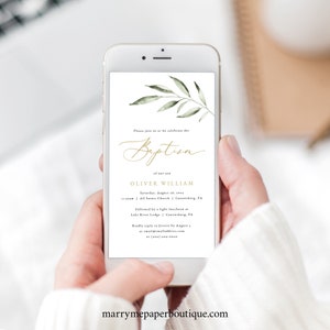 Digital Baptism Invitation Template, Olive Leaf Greenery, Electronic Baptism Text Invite, Editable, Templett INSTANT Download