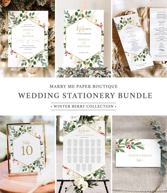 Winter Wedding Stationery Template Bundle, Christmas Wedding Bundle, Editable, Hexagonal Christmas Wedding Bundle, Templett INSTANT Download