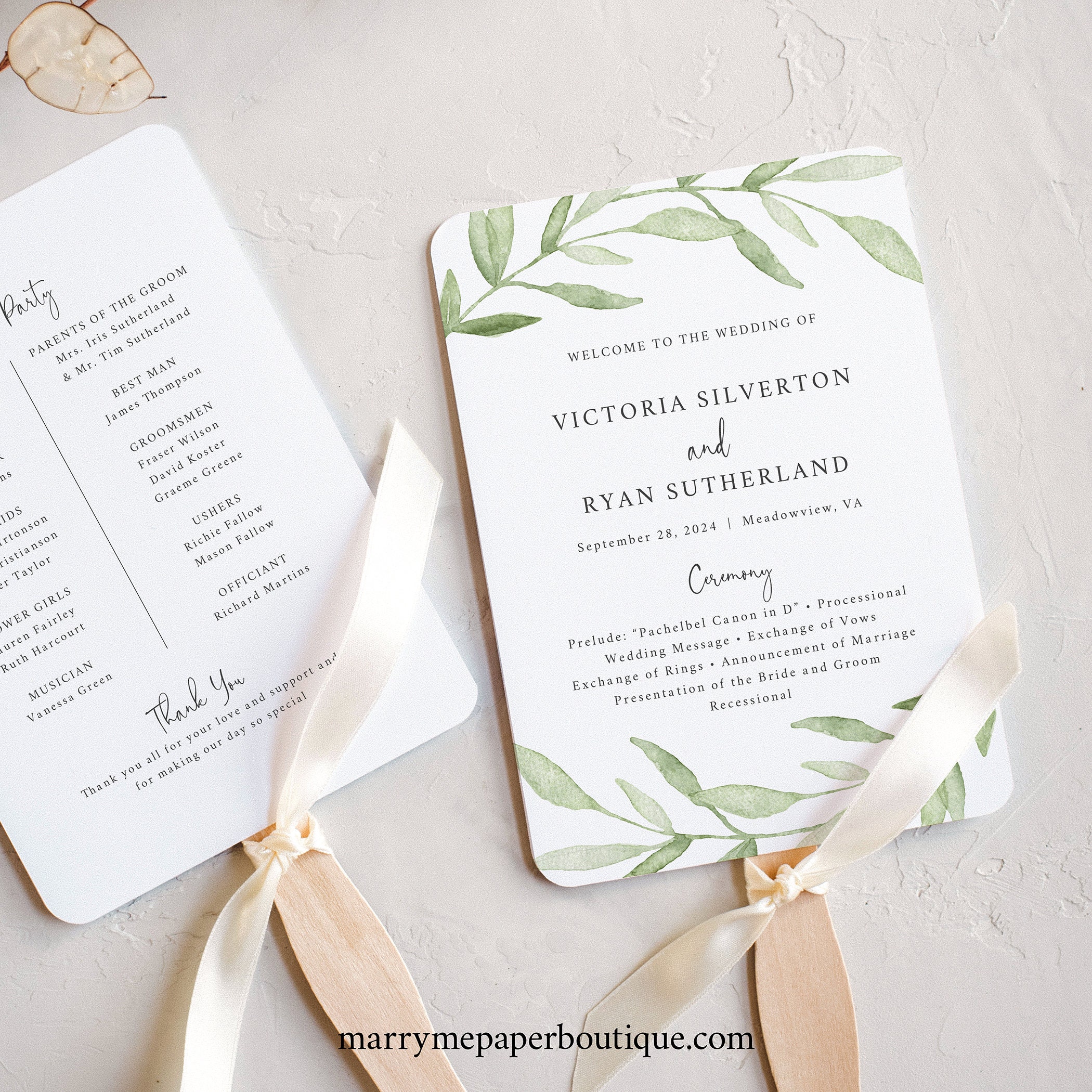 Wedding Program Fan Template Greenery Leaves Editable