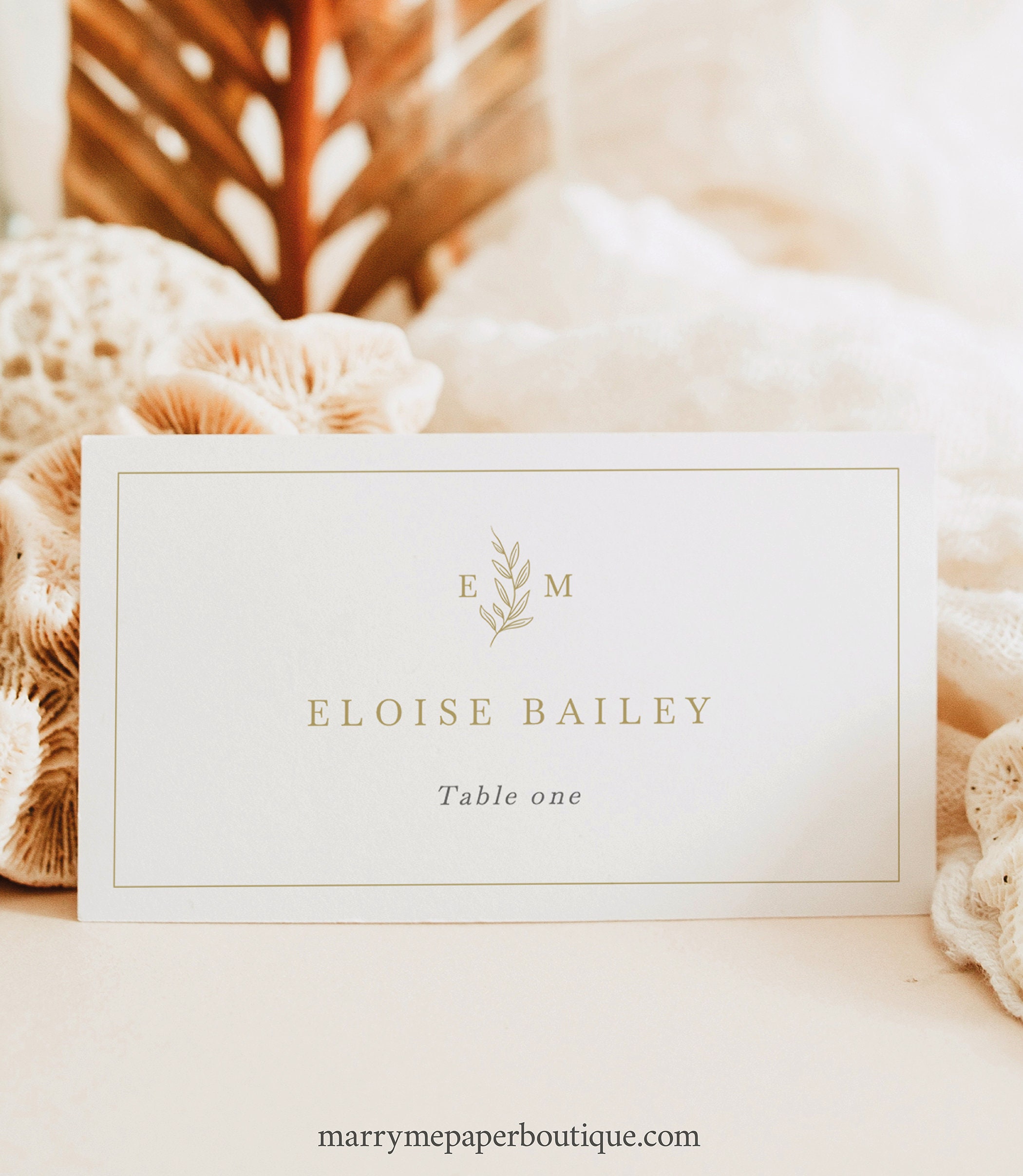 Wedding Name Card Template, Leaf Monogram Gold, Flat & Tent, Editable Wedding Name Card Template, Leaf Monogram Gold, Flat & Tent, Editable