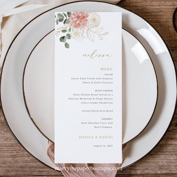 Personalizable Wedding Menu Template, Blush & Gold Flowers, Editable Guest Menu Cards, Table Menu Card, Printable, Templett INSTANT Download