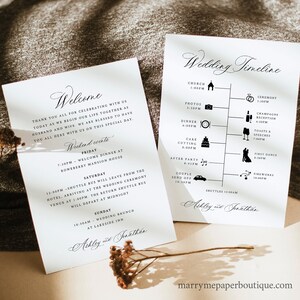 Wedding Welcome & Itinerary Card Template, Traditional Classic Calligraphy, Editable, Wedding Timeline, Printable, Templett INSTANT Download image 1