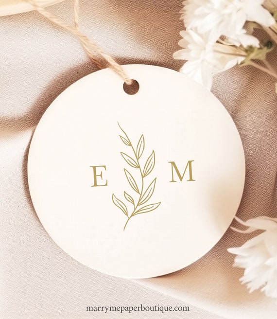 Wedding Favor Tag Template, Leaf Monogram Gold, Editable, Round Wedding Tag, Round Favor Tag, Gold, Printable, Templett INSTANT Download