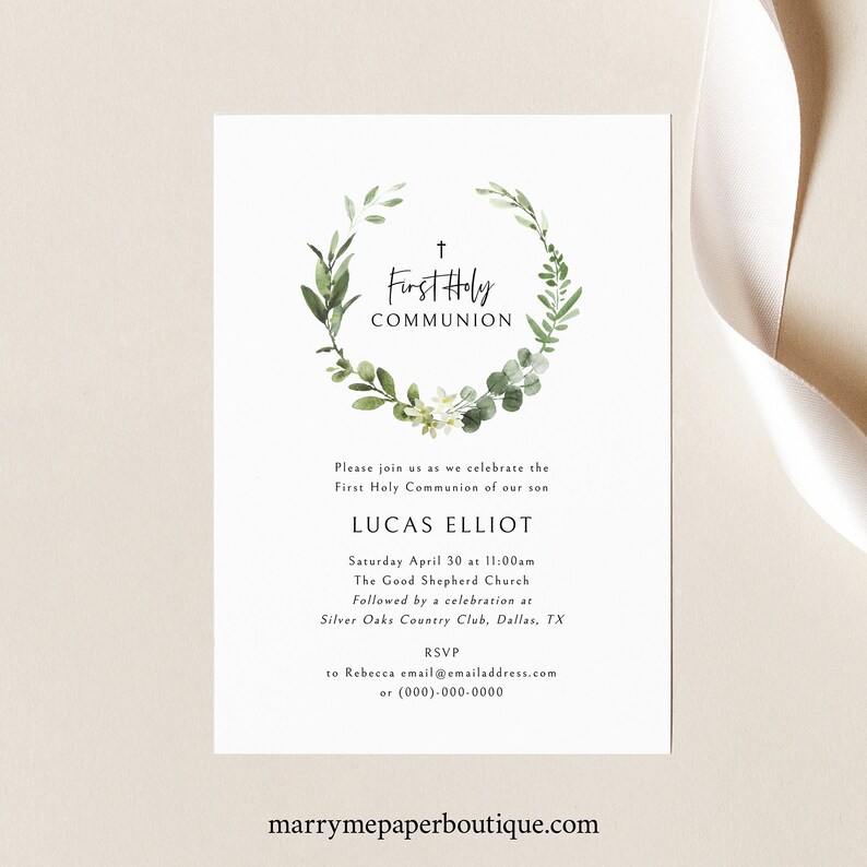 First Communion Invitation Template, Elegant Greenery, First Holy Communion Invite Card, Editable, Templett INSTANT Download, Printable image 3