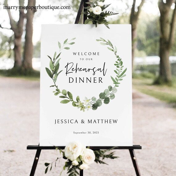 Elegant Greenery Rehearsal Dinner Welcome Sign Template, Rehearsal Dinner Sign Printable, Templett Editable, Instant Download