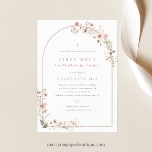 First Holy Communion Invitation Template, Rustic Pink Flower Arch, Editable First Communion Invite Card Printable, Templett INSTANT Download image 2