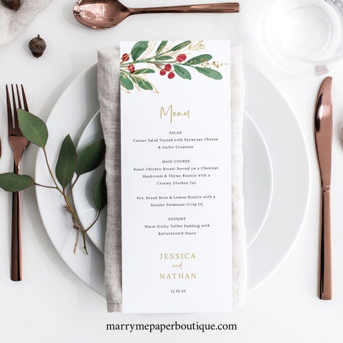 Winter Wedding Menu Template, Christmas Wedding Menu, Editable & Printable Menu, INSTANT Download, Templett